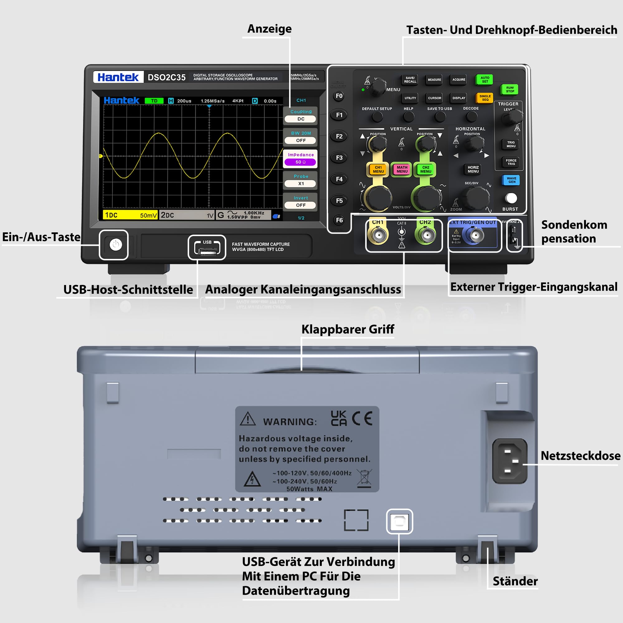 Hantek Osciloscopio, osciloscopio de 2 canales de 350 MHz con frecuencia de muestreo de 2 GS/s, profundidad de memoria de 80 K, 32 funciones de medición automáticas, ideal para ingenieros aficionados