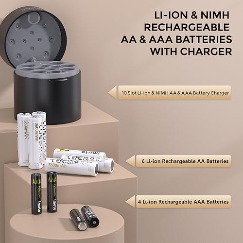 Miniatura 2 de imuto 6 pilas de litio recargables AA y 4 AAA con cargador, cargador de batería de iones de litio y NiMH, baterías triple A doble A, cargador de