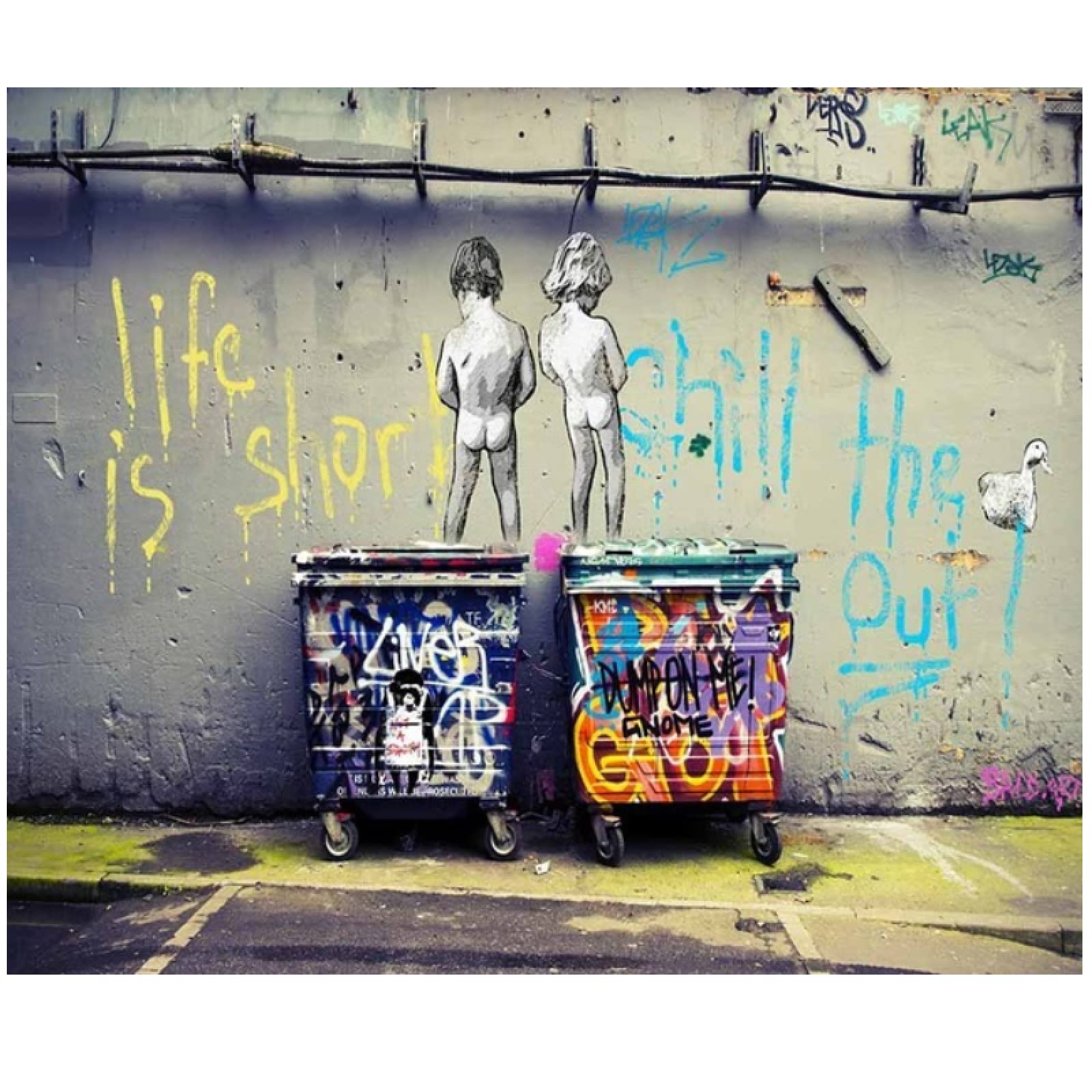 Banksy Street Art "Life Is Short Chill The Duck Out", carteles e impresiones de lienzo de graffiti, cuadros de pared para decoración del hogar, pintura, marco interior de 70 x 110 cm (27,5 x 43in)
