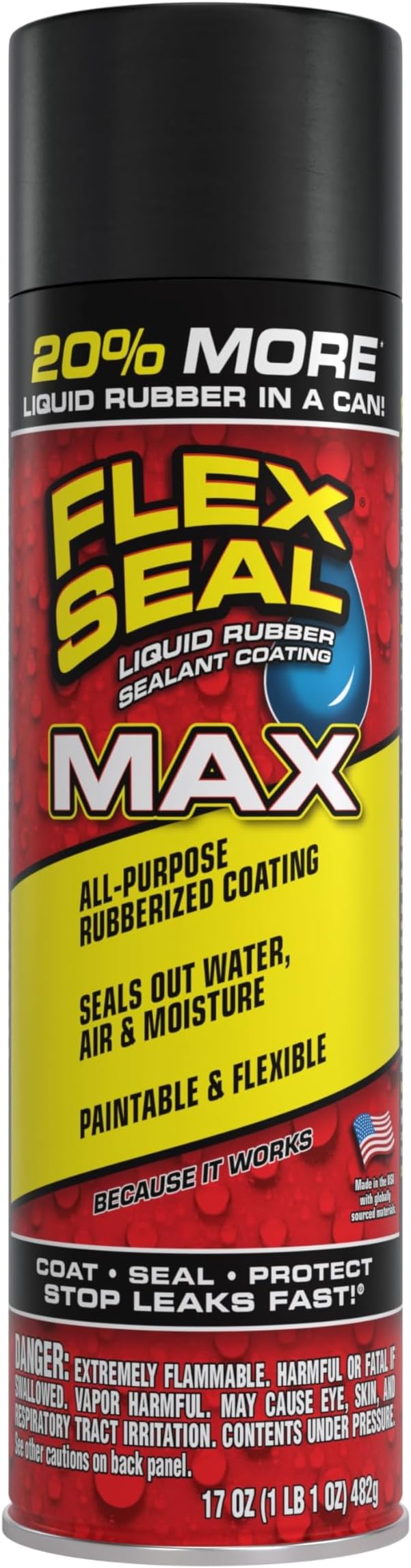 Flex Seal MAX 17 oz 1 Pack Black Instant Leak Stop Sealant Coating with Waterproof Rubber Spray Great for Gutters, Wood, RVs, Campers, Roof Repairs, Skylights, Windows and More