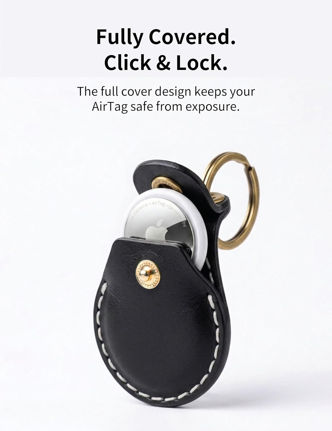 VogDuo Genuine Leather Keychain Compatible with AirTag - Full Cover Braided Lanyard Key Ring Secure Tracker Case for Wallet, Backpack, Luggage, Cat Dog Collar, Accessories (Black)