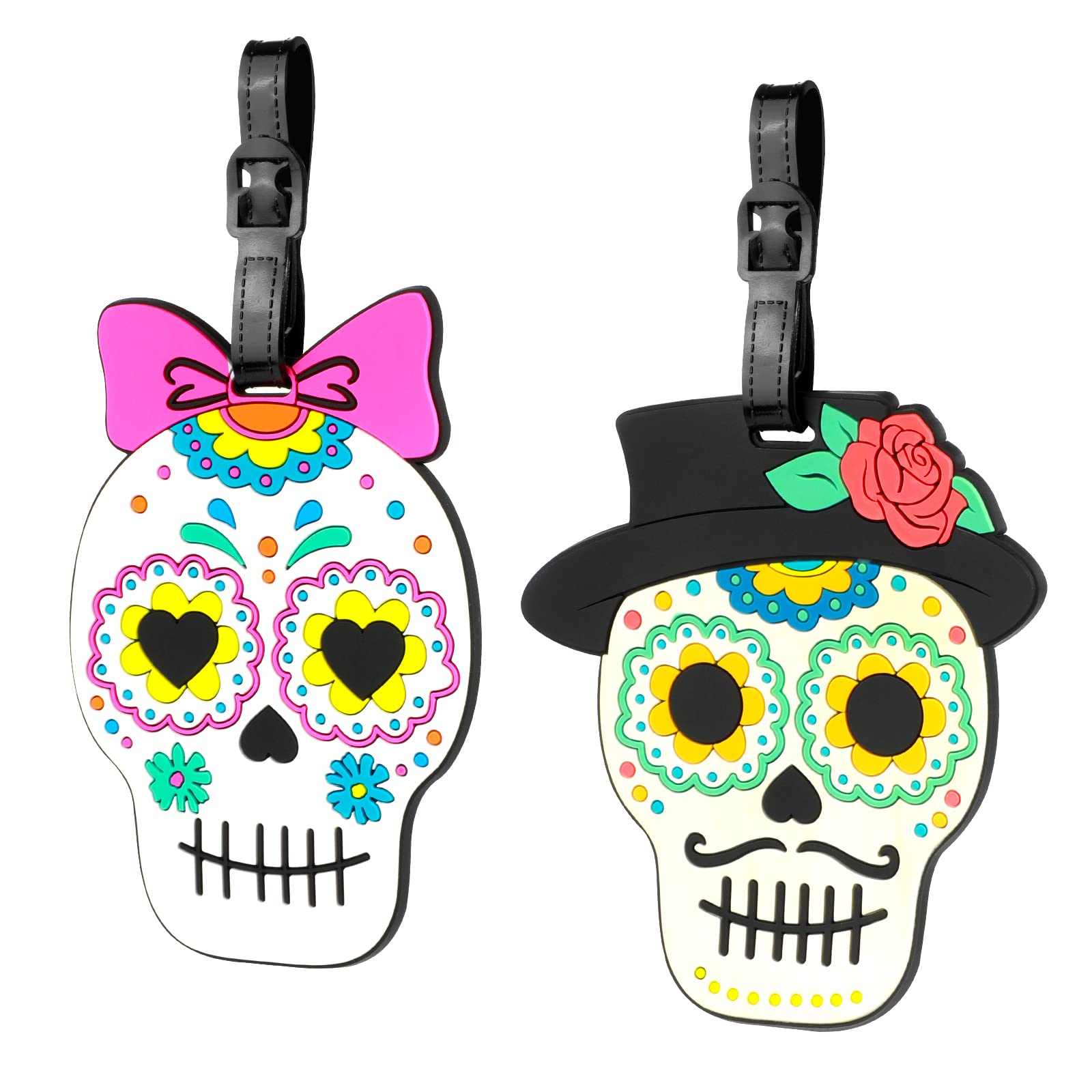 2 Etichette Valigie Teschio Con Fiore - Identificatore Bagaglio PVC Per Viaggi Colorato - Foto 8