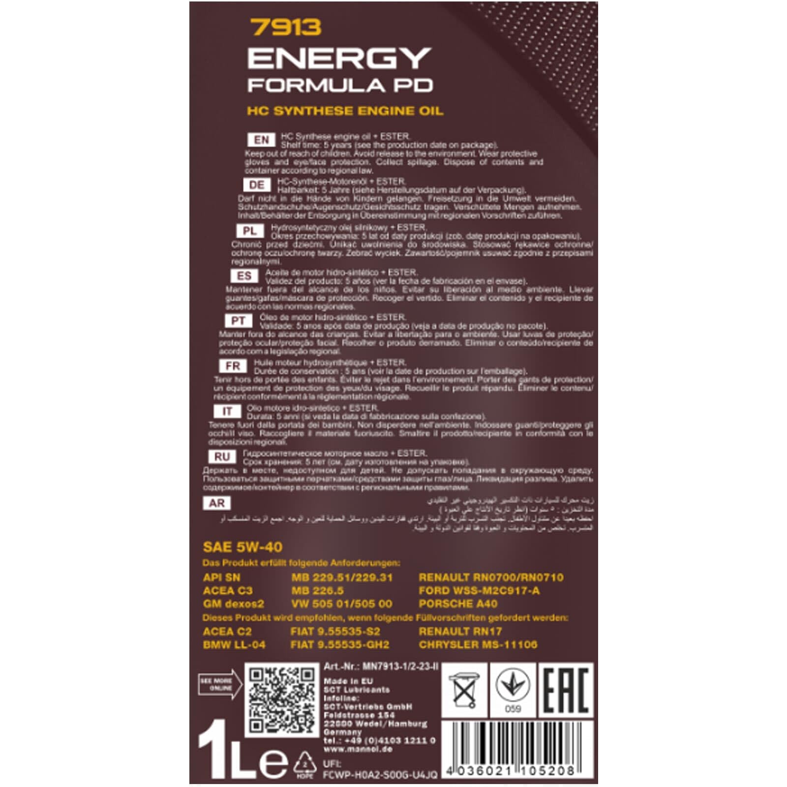 7L Mannol Energy Formula Pd SAE 5W40 Motoröl | passend für 502.00/505.01 LL-04 dexos2, Motoröl