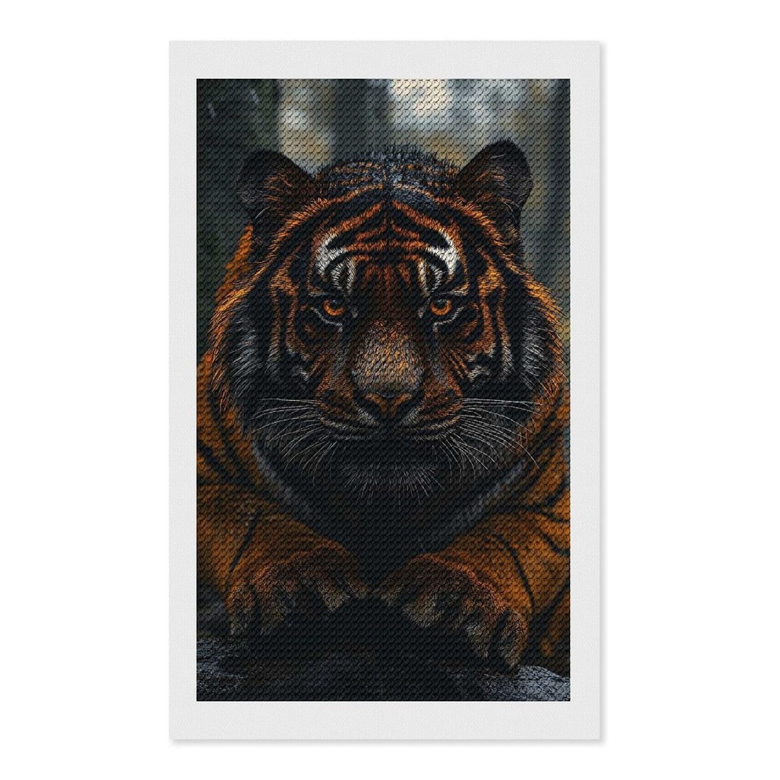 Junmoney Majestic Tiger Portrait in The Rain Diamond Painting Set 12"x20", Holiday Gift Idea, for Creative Relaxation, Fun Craft Experience, Vintage Style Decor