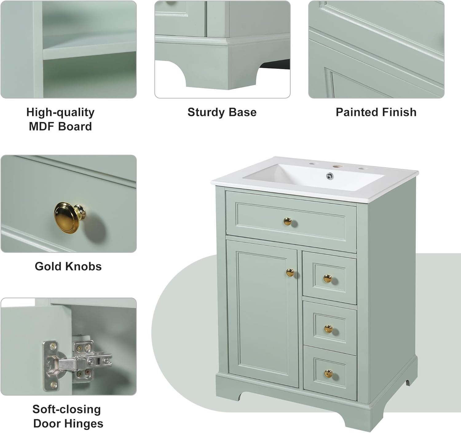 Virubi 24" Bathroom Vanity with Sink, Solid Wood & MDF Modern Single Bathroom Sink Cabinet with Soft-Closing Doors and Flip-Out Drawers,Freestanding(Green)