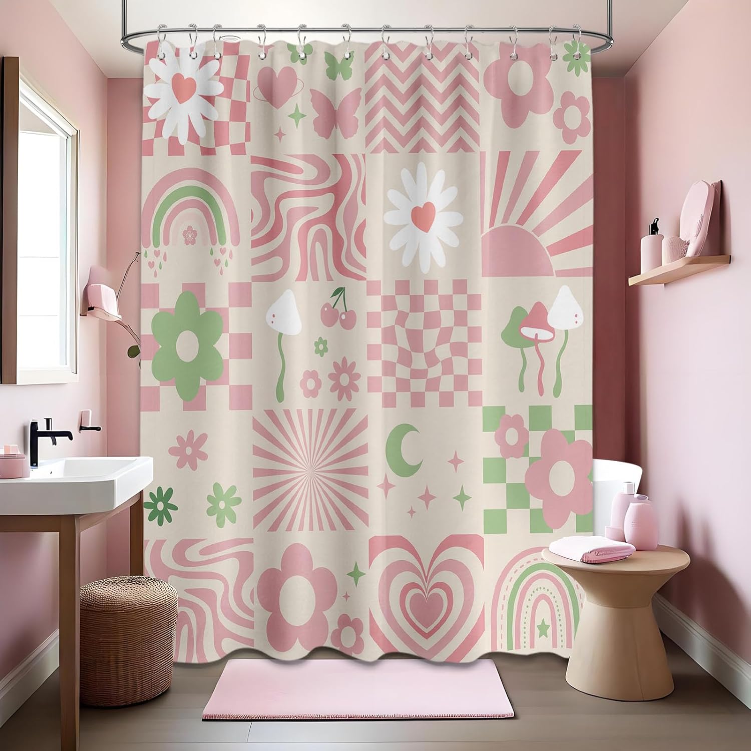 Cute Pink Shower Curtain Y2k Groovy Preppy Girls Checkered Bathroom Decor, Waterproof Cloth Fabric with Hooks 70" Wx96 L