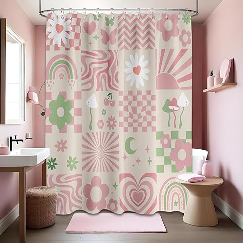 Miniatura 10 de Bonita cortina de ducha rosa Y2k Preppy Kawaii para niñas, decoración de baño a cuadros, tela impermeable con ganchos, 70 pulgadas de ancho x 72