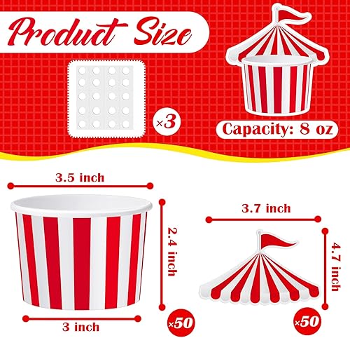 Miniatura 2 de Carnaval Party Circus - Tazas de helado de 8 onzas de papel para carnaval, tazas de aperitivos a rayas rojas y blancas, cuencos de postre de yogur,