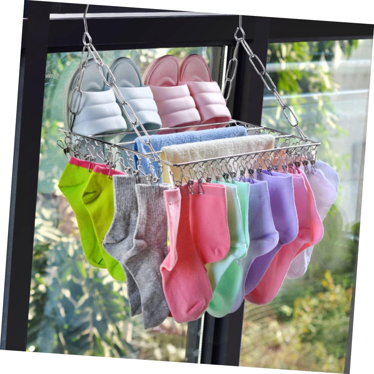 GARVALON Stainless Steel Windproof Drying Rack with Adjustable Clips for Socks and Pants Multifunctional Home Laundry Hanger for Bedroom Bathroom Balcony Thickened Frame Clip Capacity