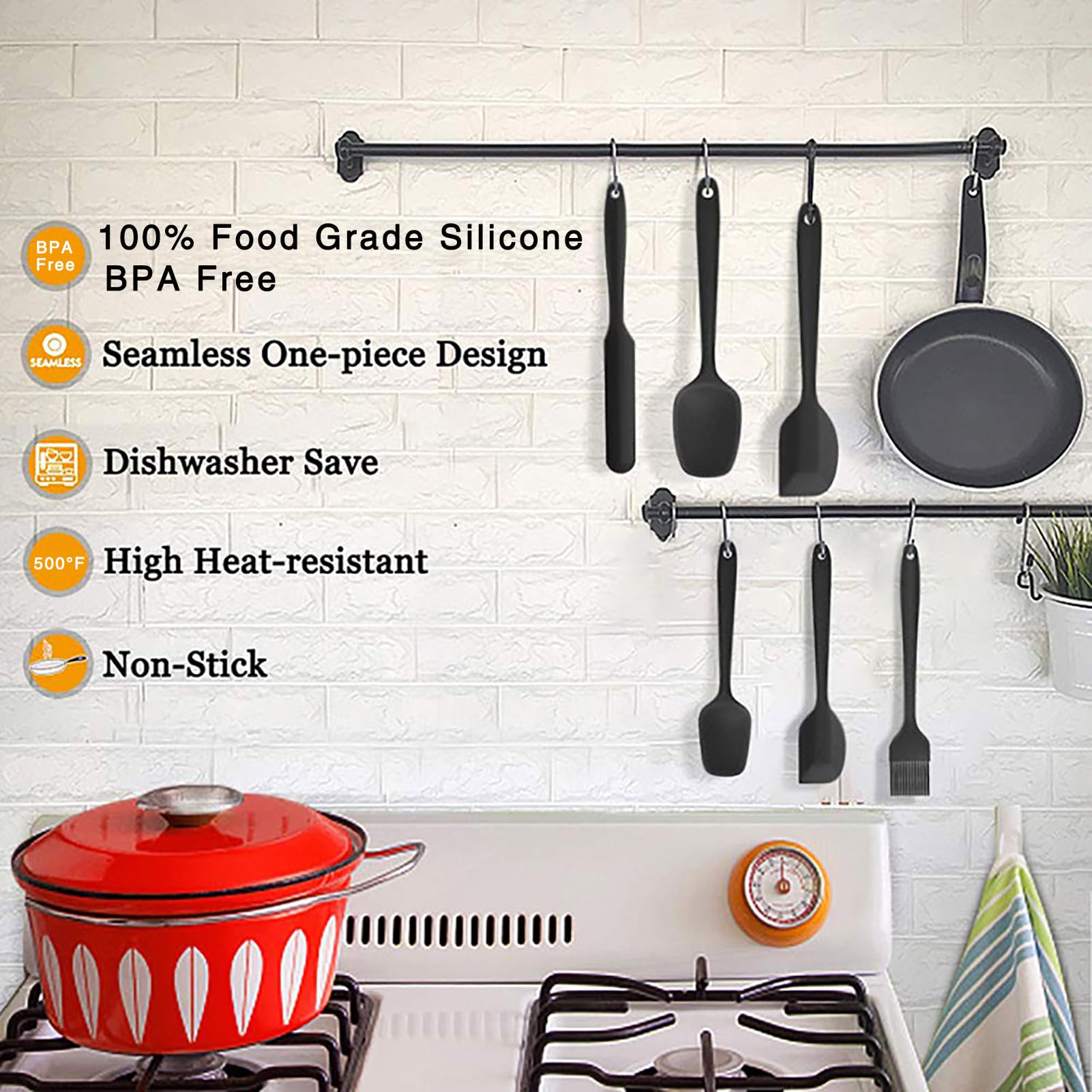 NoChoX Silicone Spatula Set of 6, Spatulas Silicone Heat Resistant, Rubber Spatula, Silicone Kitchen Utensils Set for Cooking, Non-Stick BPA Free Cooking Utensils Set, Black