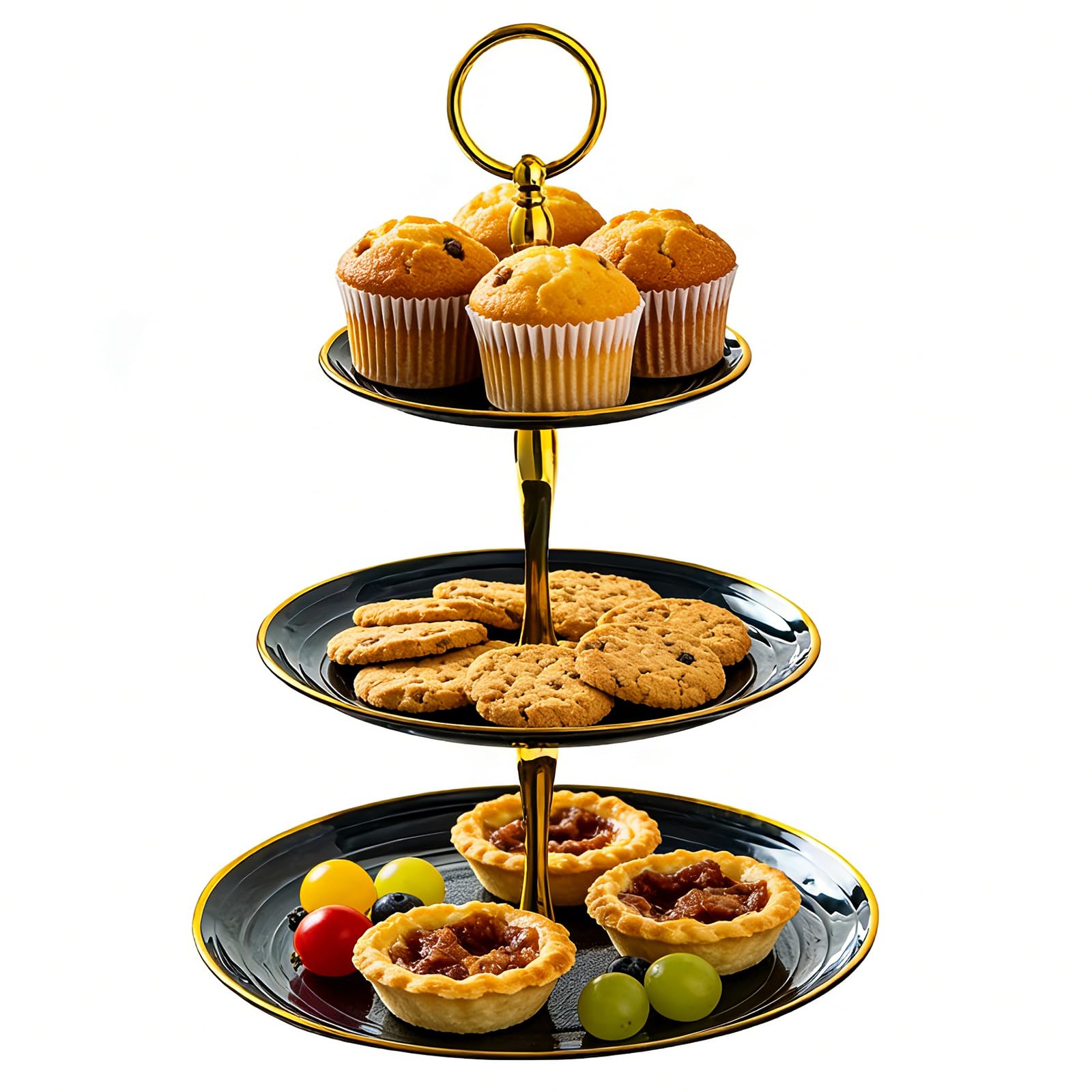 Allbusky Cake Stand Cupcake Holder, Pastry Tiered Serving Tray, Dessert Plates Cakes Fruit Cookie Candy Display Tower Serving Platter for Christmas Wedding Birthday Baby Shower (Round, 3-Tier, Black)