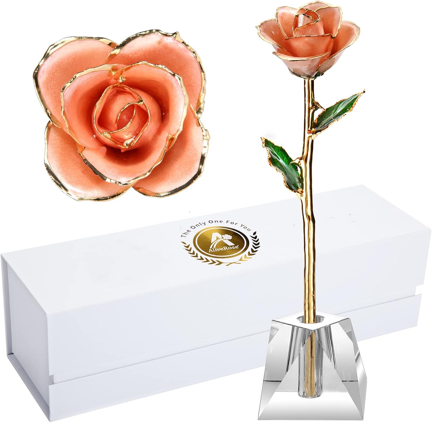 AliveRose Anniversary Rose Gift for Wife,24k Gold Real Rose Gift for her, Long Stem Rose Made from Real Gold Rose for Valentines Mothers Day Birthday (Peach Pink with Crystal Vase)