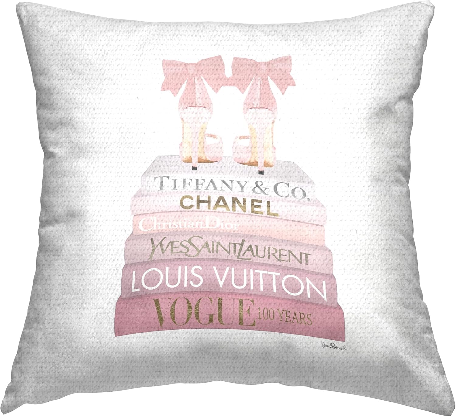 Stupell Industries Pastel Pink Bow Heels Glam Fashion Bookstack Outdoor Pillow Design by Amanda Greenwood