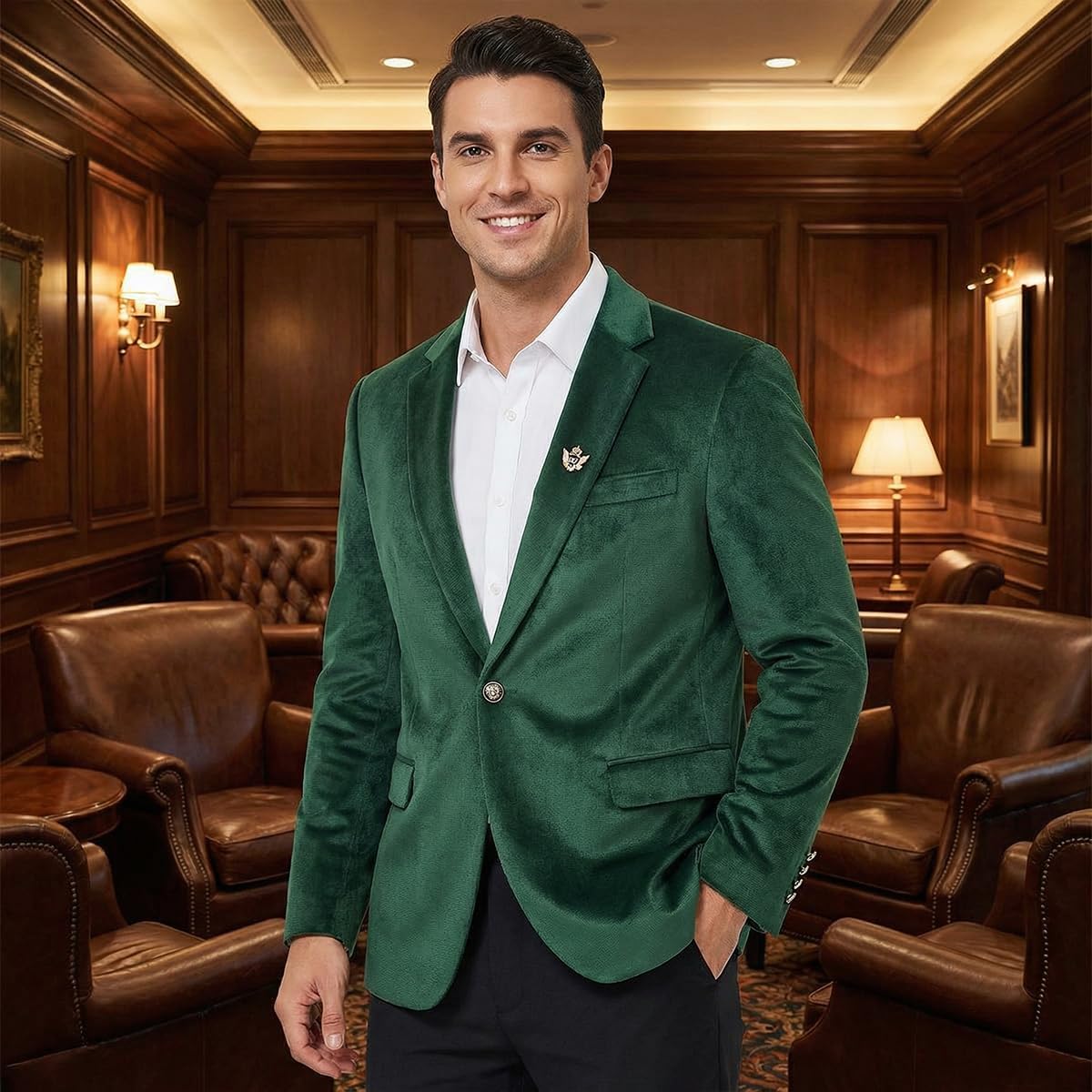 Men's Casual Velvet Blazer for Men one-Button Lapel Tuxedo Jacket with Brooch Dinner Party Wedding Prom