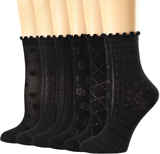 Mcool Mary Women's Ruffle Socks Casual Lace Cotton Crew Summer Ultra Thin Cute Frilly Ankle Socks for Women 6 Pairs