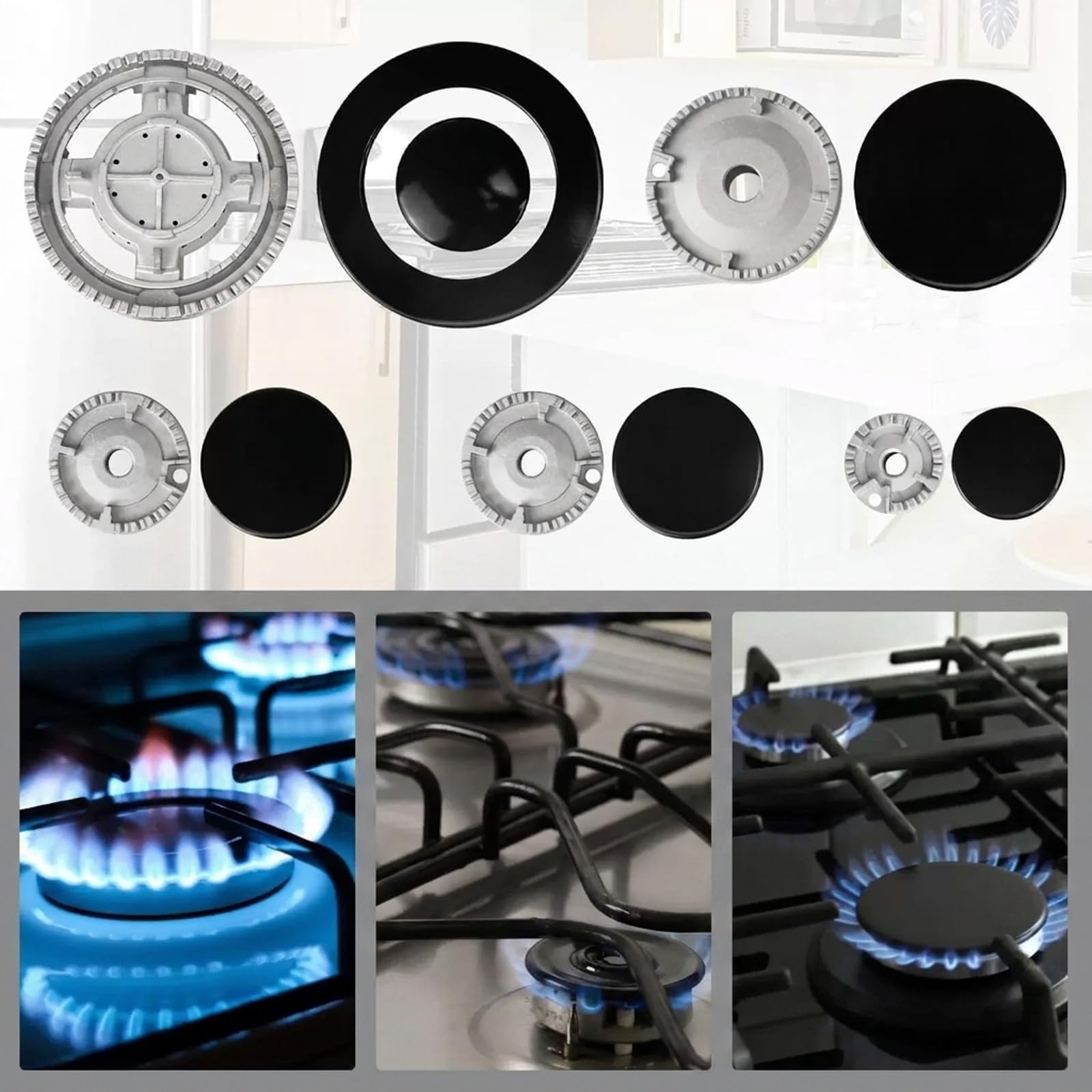 Set di 5 coperture per piano cottura a gas, set di cappucci per bruciatore, kit coperchio con tappo a fiamma, 55 mm, 75 mm, 100 mm, 130 mm, compatibile con fornelli a gas SABAF 12334