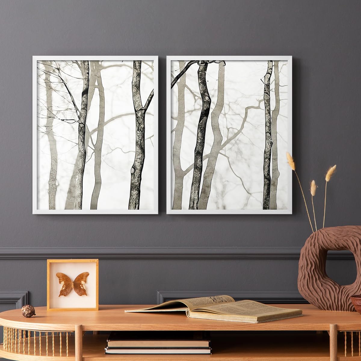 Renditions Gallery Set of 2 Peel & Stick Framed Prints, Abstract Wall Art, Bright Shadowed Tree Trunks Wall Decor, Re-Stickable - Ready to Hang - 16"x20" - White Frame LT585