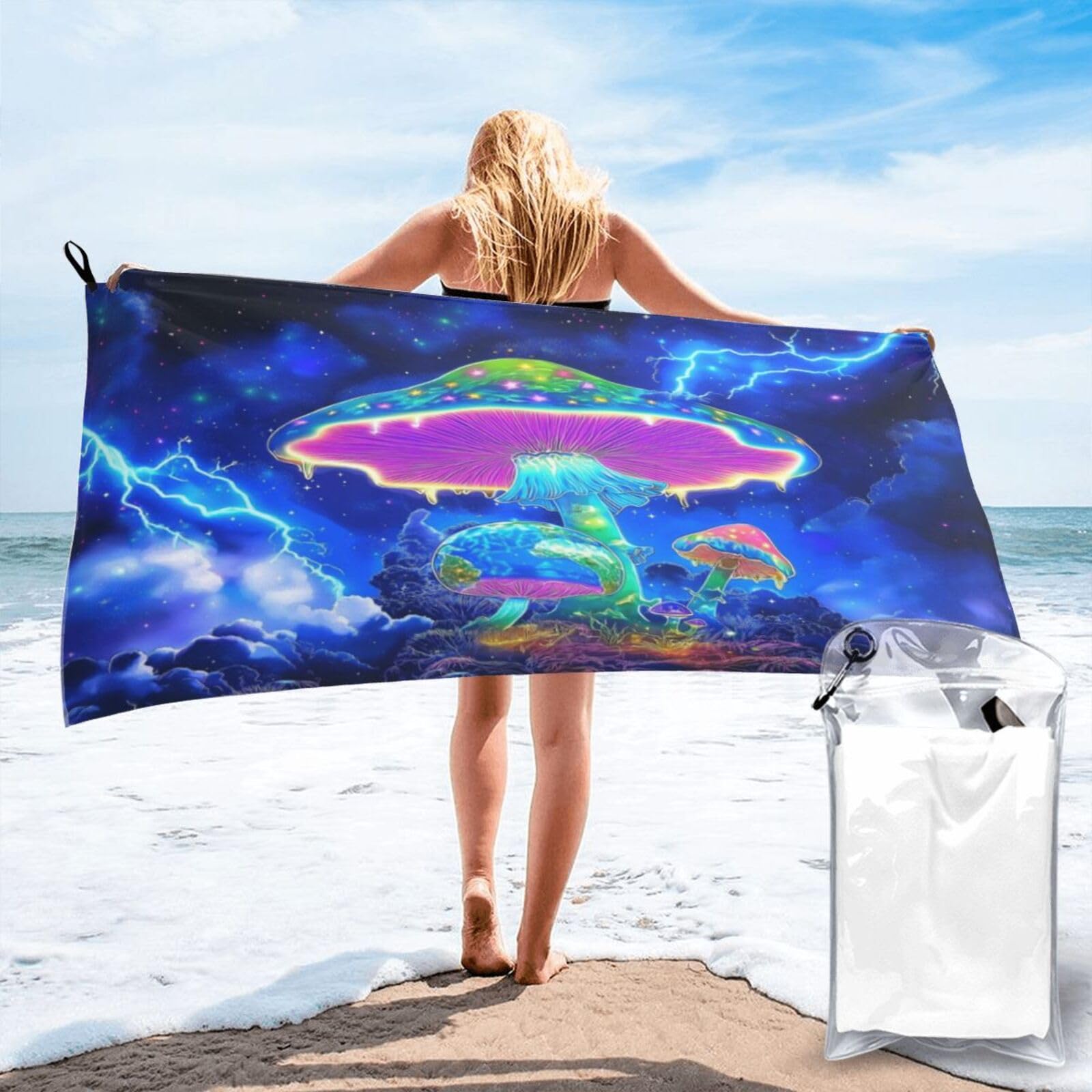 Anceky Glowing Neon Mushrooms in Stormy Night Sky Quick Dry Microfiber Travel Towel with Carry Case and Carabiner 27.5"X55"