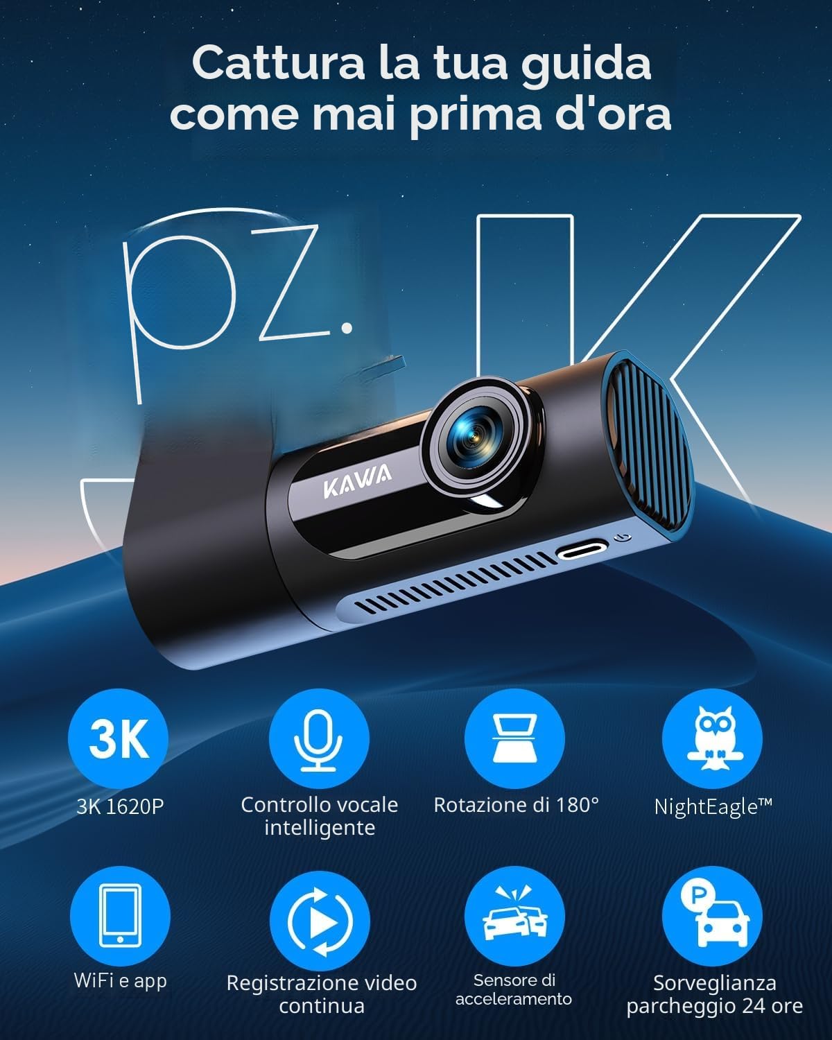 KAWA 3K Front Dash Cam, Voice Control, Parking Mode 24/7, 32GB SD Card, G-Sensor, Dashcam 360 Degrees, Night Vision, Loop Recording, WiFi&APP, 3K Car Camera, Truck, RV, SUV, Van