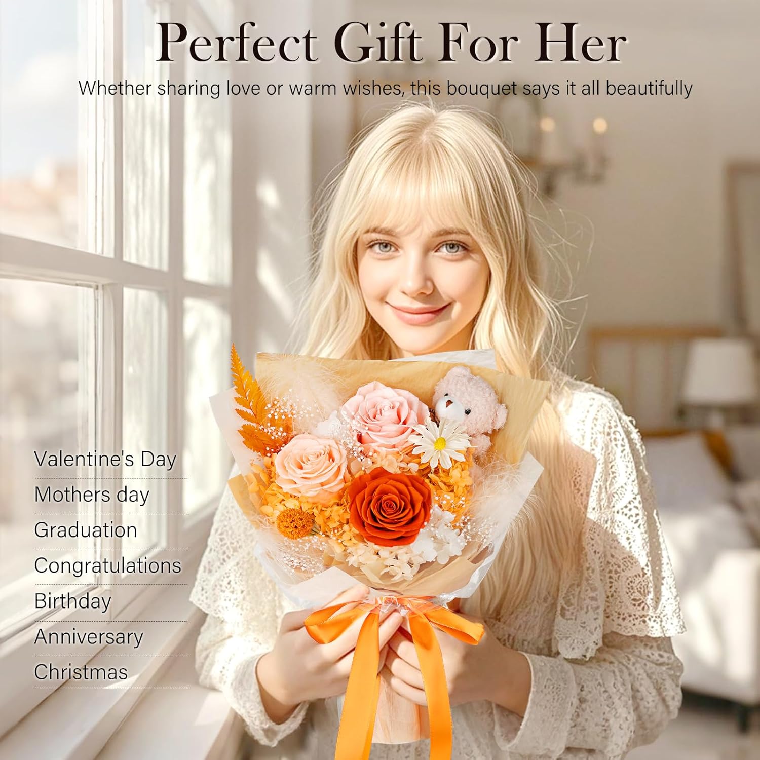 Preserved Flowers Bouquet with Bear, 3 Real Forever Flowers for Delivery, Long-Lasting Orange Eteranl Roses Bouquet, Anniversary Birthday Valentine Gifts for Women Mom Grandma Her Wife Girlfriend - Image 4
