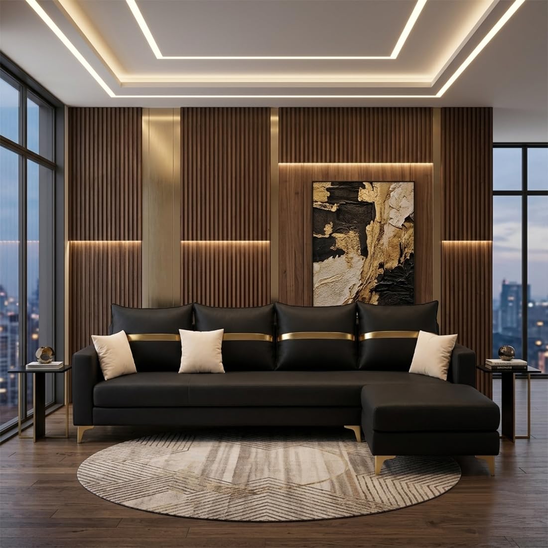 alvaro diamond 5 seater l shape sofa with ottoman, leatherette sectional sofa set for living room, space saving corner sofa for home & office - black
