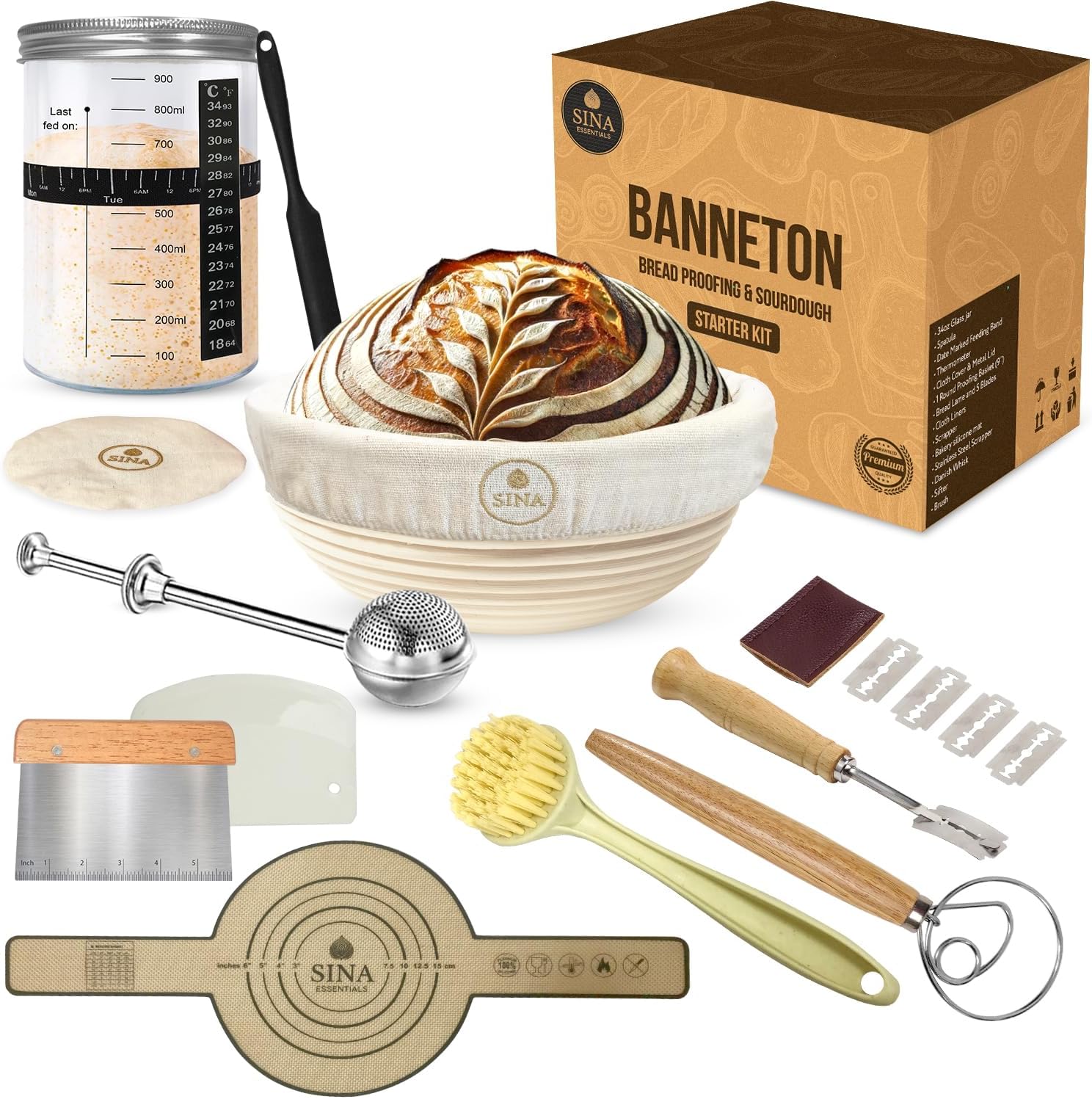 Banneton Bread Proofing Basket Set Sourdough Starter Kit Round 9" Rattan Proofing Basket, 36oz Large Wide Sourdough Starter Jar, Bread Lame, Sourdough Bread Baking Supplies, Banneton Basket Gift Set