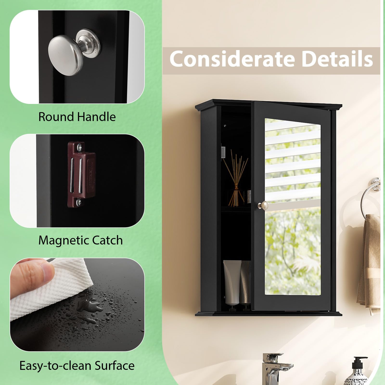 LIFEZEAL Mobiletto Bagno Salvaspazio con Specchio da Parete, Armadietto, Mobile, Amadio, Pensile Bagno Sospeso da Muro, Apertura Bidirezionale, con 2 Ripiani, Moderno, Salvaspazio, 34x15x53cm, Nero