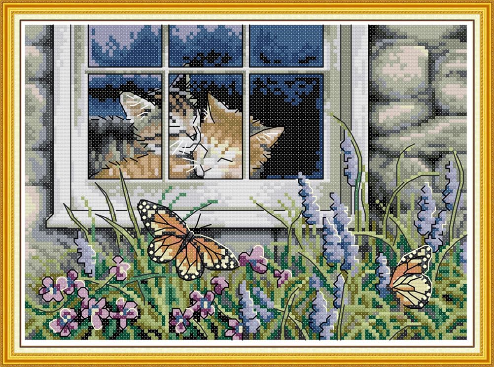 Meecaa Cross Stitch Kits 14 Count Stamped, Cat Lover Butterfly Window Embroidery Kit with Accessories Pre Printed（30×21CM (Cat Lover)