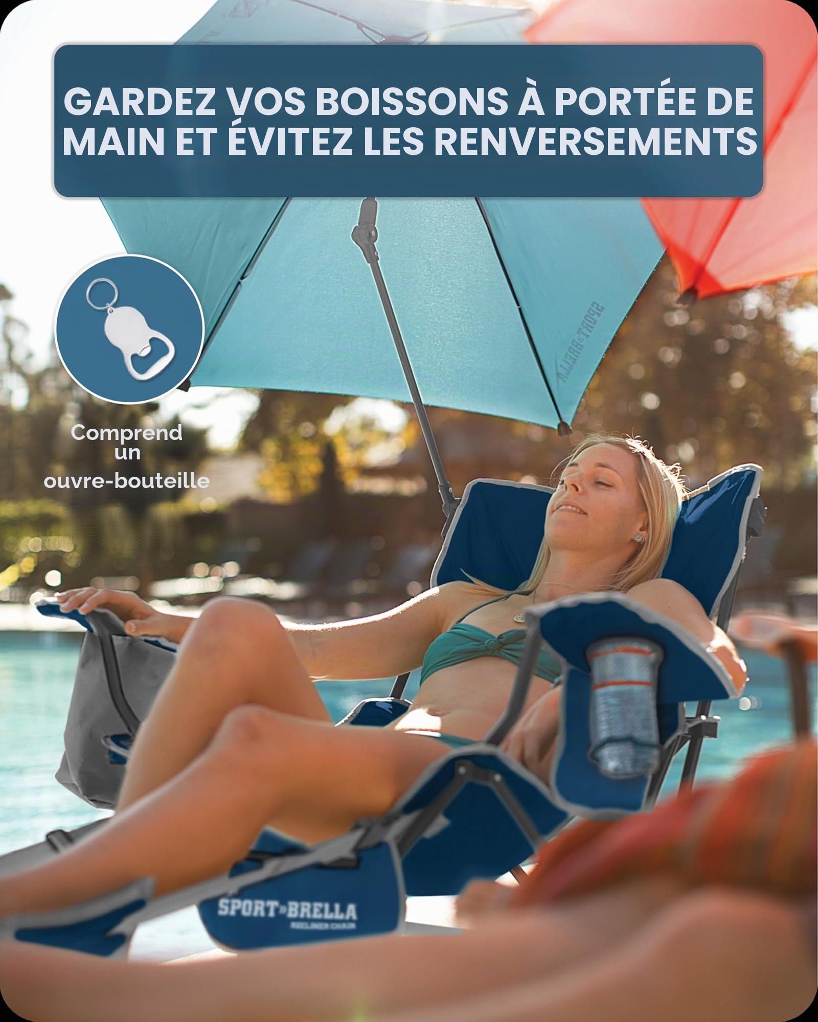 Sport-Brella Chaise Pliante Fauteuil inclinable Fauteuil de Relaxation à 3 Positions avec Parapluie Amovible, Bleu Nuit