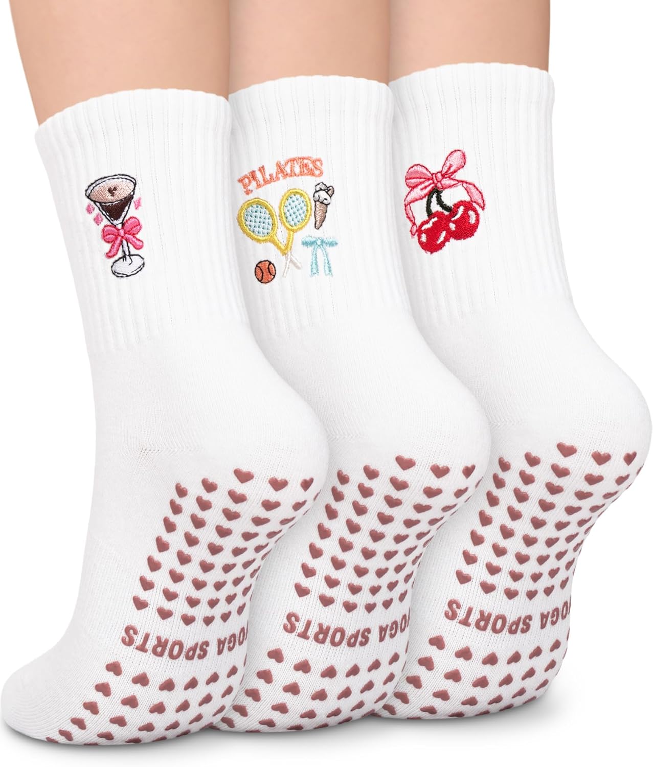 Pilates Socks for Women, Cute Non-Slip Grip Crew Socks for Yoga, Barre, Hospital, Barefoot Workout