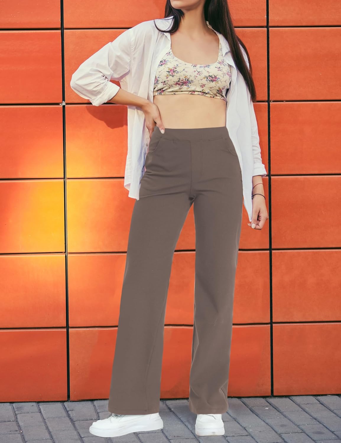 VOOVEEYA Wide Leg Pants for Women, Yoga Pants with Pockets High Waist Casual Straight Dress Pants Petite/Tall/Regular (Long Taupe S) - Image 3