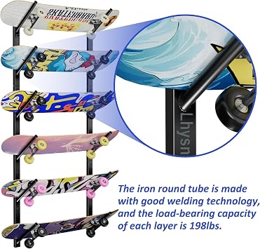 Skateboard Wall Mount, Skate Board Wall Display Hanger Rack, Snowboard Wall Mount Ski Holder, Six Floors Deck Wall Longboard Rack Storage