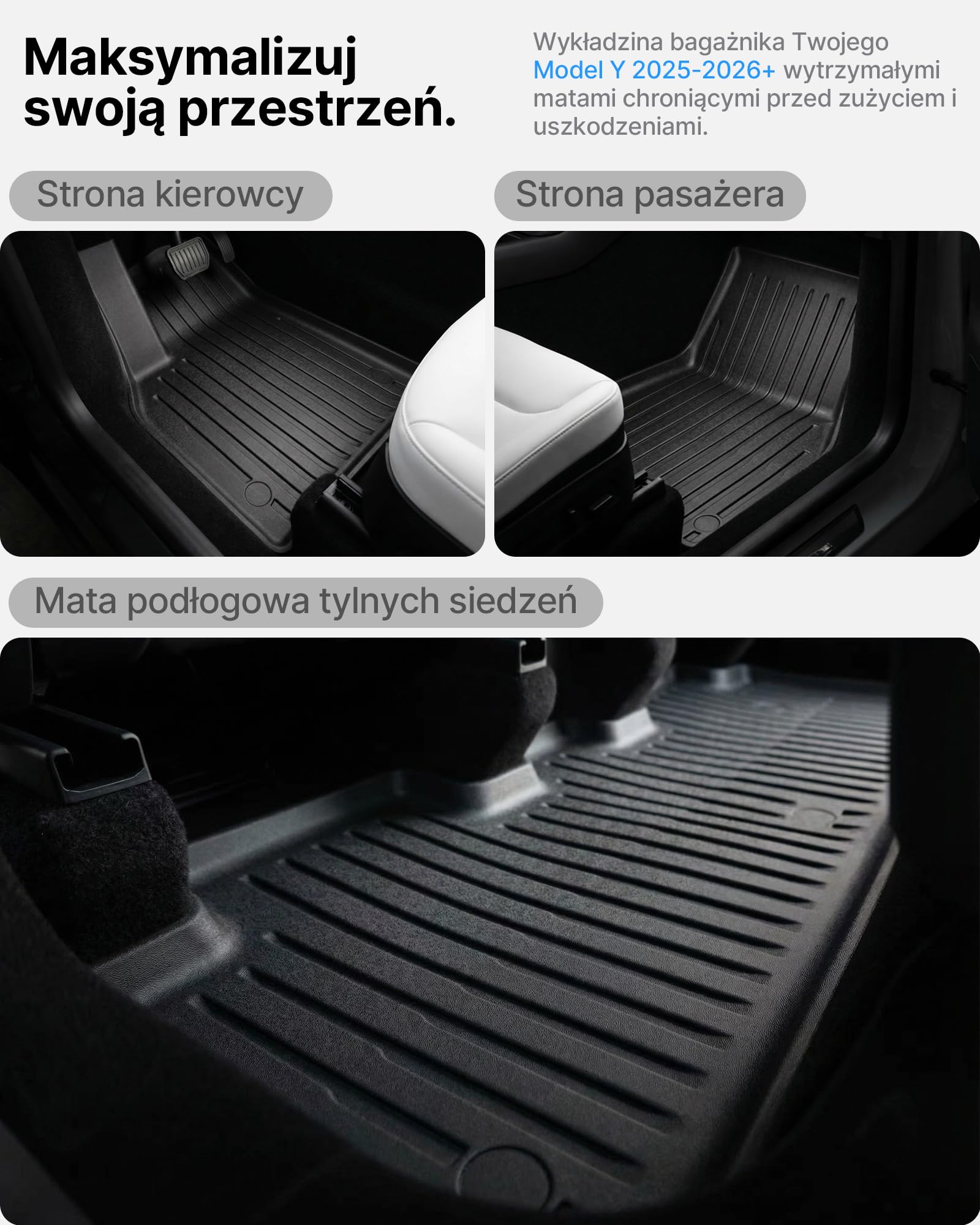 Zestaw 4 Dywaników i Maty Bagażnika do Tesla Model Y Juniper 2025 2026 (Standard/Premium/Performance), Dywaniki Samochodowe Całoroczne z TPE, Wodoodporne Antypoślizgowe Akcesoria Dywanikowe