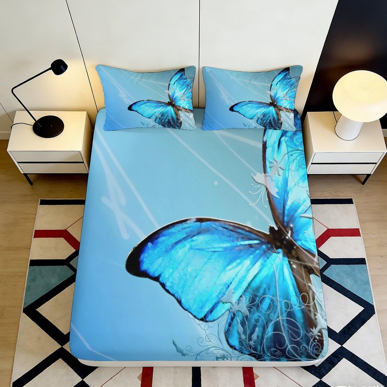 3D Printed Blue Butterfly Fitted Sheet Microfiber Soft Breathable Abstract Wing Mattress Cover for Bedroom Guest Room Decor 90x200x25cm