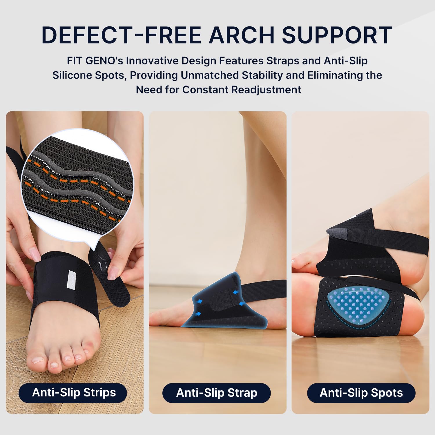 Fit Geno Arch Support Braces for Plantar Fasciitis Relief - Adjustable Compression Bands with Gel Pads, Non-Slip Design for Flat Feet, High & Fallen Arches - Image 3
