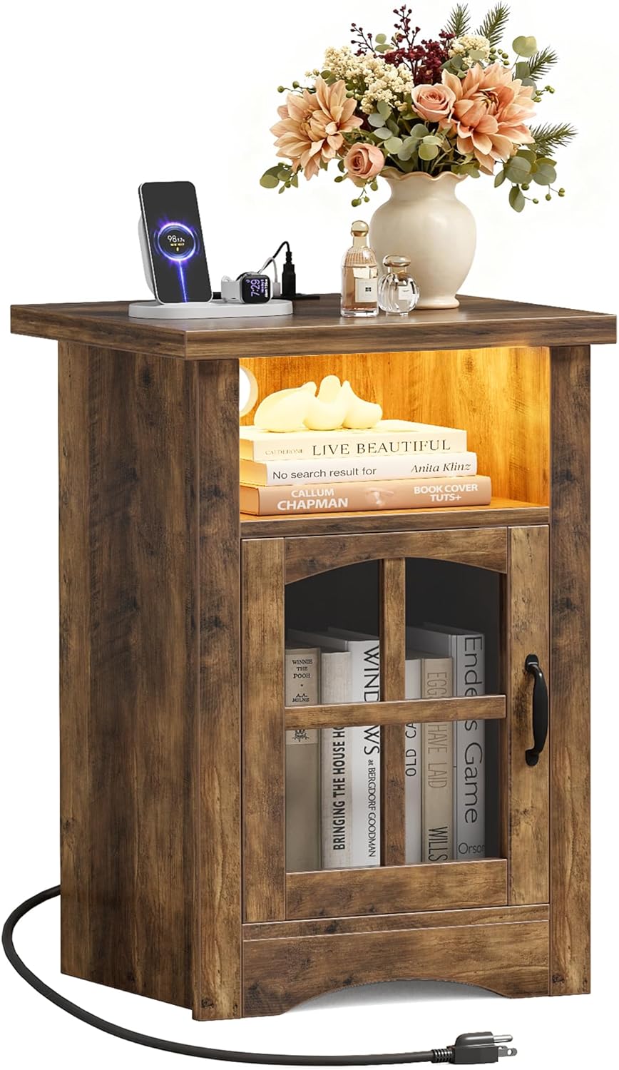 JUMMICO End Table with Charging Station and LED Open Shelf & Glass Door Cabinet, Farmhouse Nightstand with 20W Fast Charge, Side Table for Living Room (2,Light Oak & Brown)