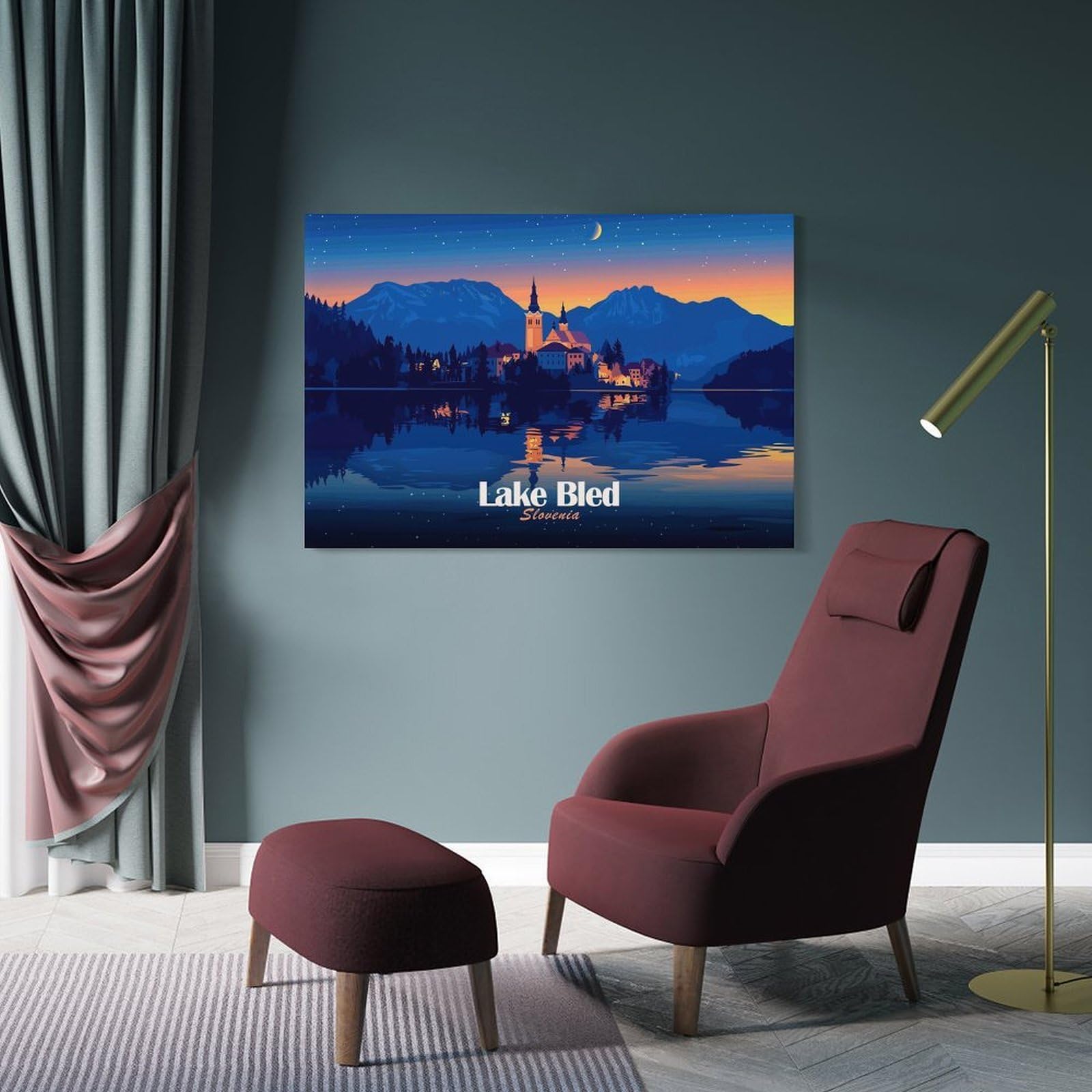 Junmoney Frame-Style-3-1 Lake Bled Slovenia At Night Canvas Wall Decor, 24X36inch(60X90cm), For Small Homes, Bedrooms Or Open Spaces, Home Artwork For Modern Interiors