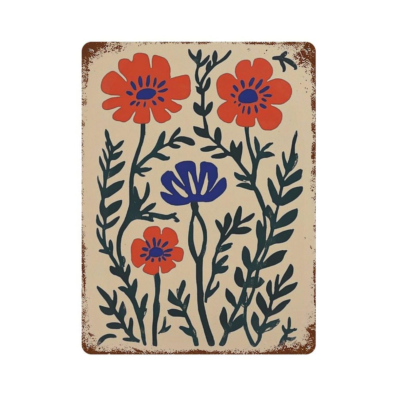 xiaoxiaoshen Scandinavian Folk Floral Nordic Flower Minimal Botanical Style Red Blue Work Wall Decor Art Metal Tin Poster Modern Home Decor Art Home Bar Shop Decorations Vintage Sign 40x30cm