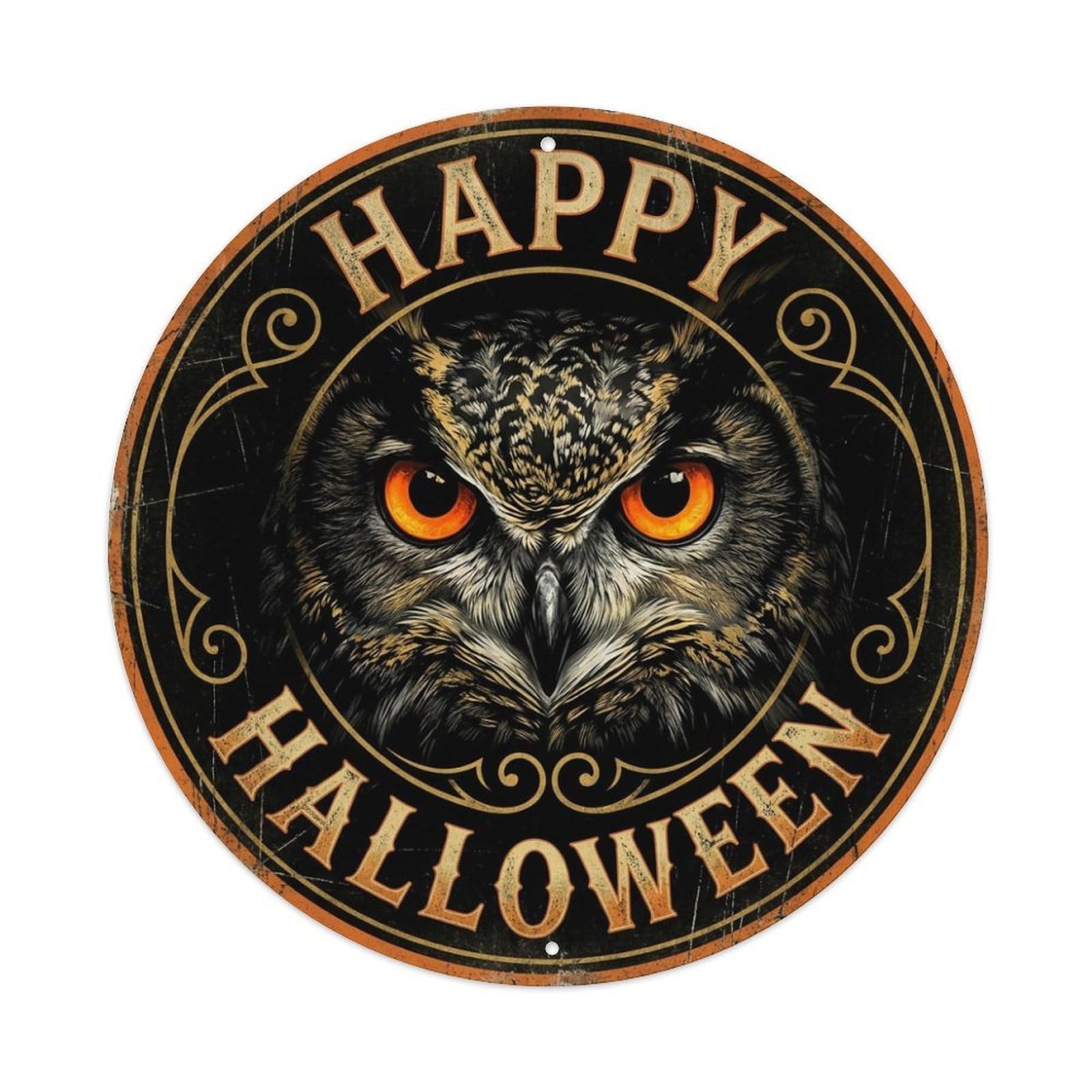 Owl Glowing Eyes Happy Halloween Positive Saying Metal Tin Sign