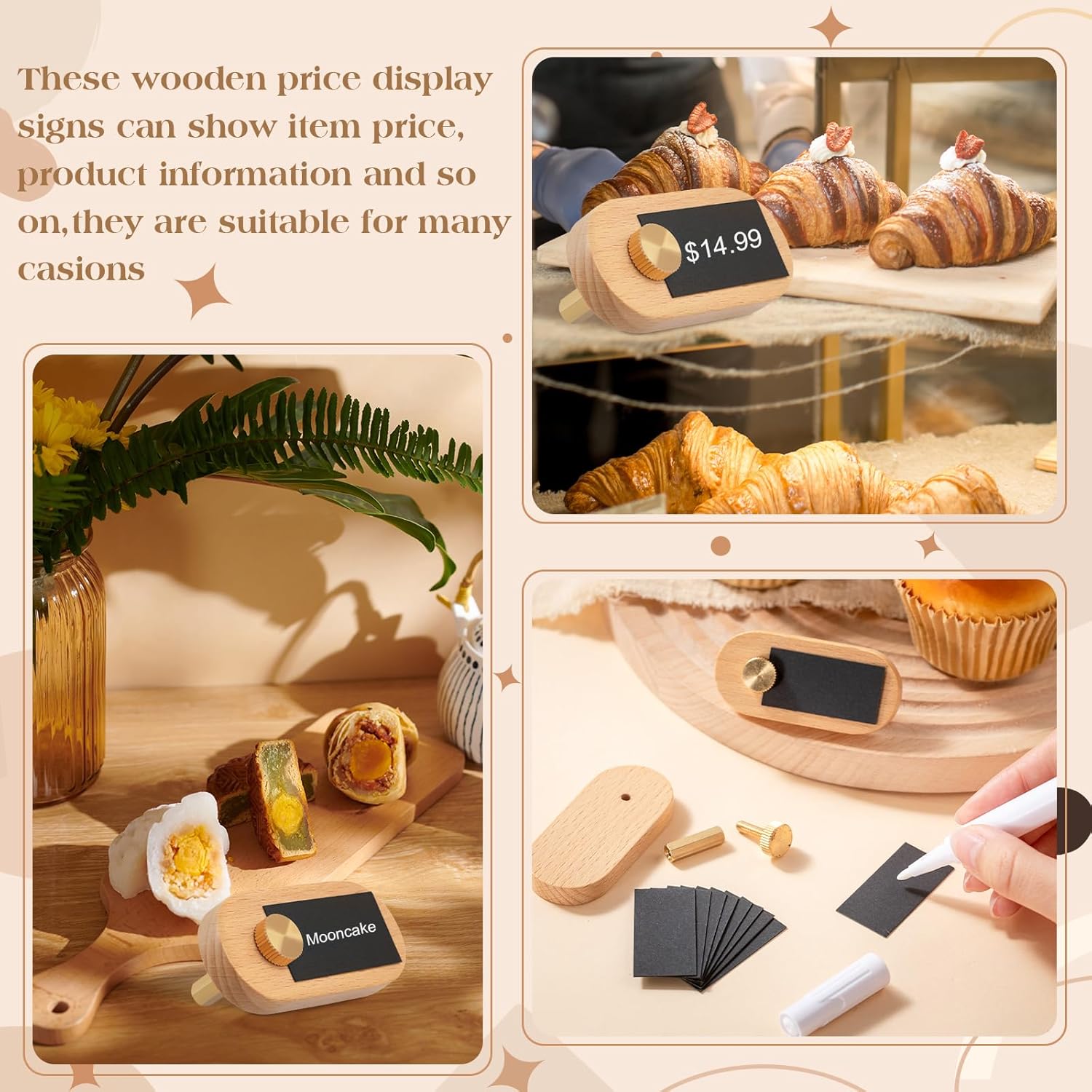 Qunclay Set of 20 Price Display Signs for Vendors Wooden Signs with Price Tag Paper and Pens Retail Display Tag Stands Food Name for Cafes, Shops, Boutiques