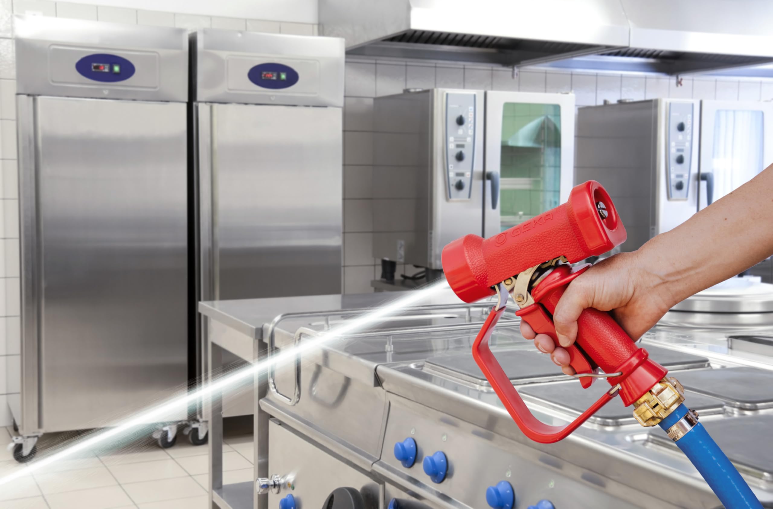 GEKA Pistola de Limpieza Profesional para Agua Caliente (Rojo, máx. 24 Bar, máx. 95°, Regulable sin Niveles, Rosca G1/2, Revestimiento EPDM, Limpieza, Calentador de Agua Caliente, Industria, Comercio