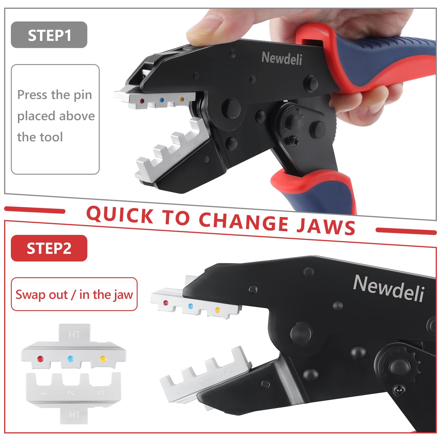 Newdeli Kit de herramientas de crimpado de alambre, 7 alicates de crimpado de alambre de trinquete para conectores termorretráctiles, conectores de virola conectores solares, conectores de barril