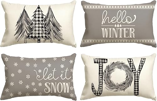 AVOIN colorlife Juego de 4 fundas de almohada grises con lemas de árboles de Navidad, 12 x 20 pulgadas, diseño de Hello Winter Let it Snow, funda de