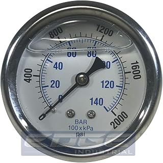 Liquid Filled Pressure Gauge, 2.5" DIAL Display, Stainless Steel CASE, Brass INTERNALS, 1/4" Male NPT Back Mount Connection, Dual Scale PSI & BAR (0-2,000 PSI)
