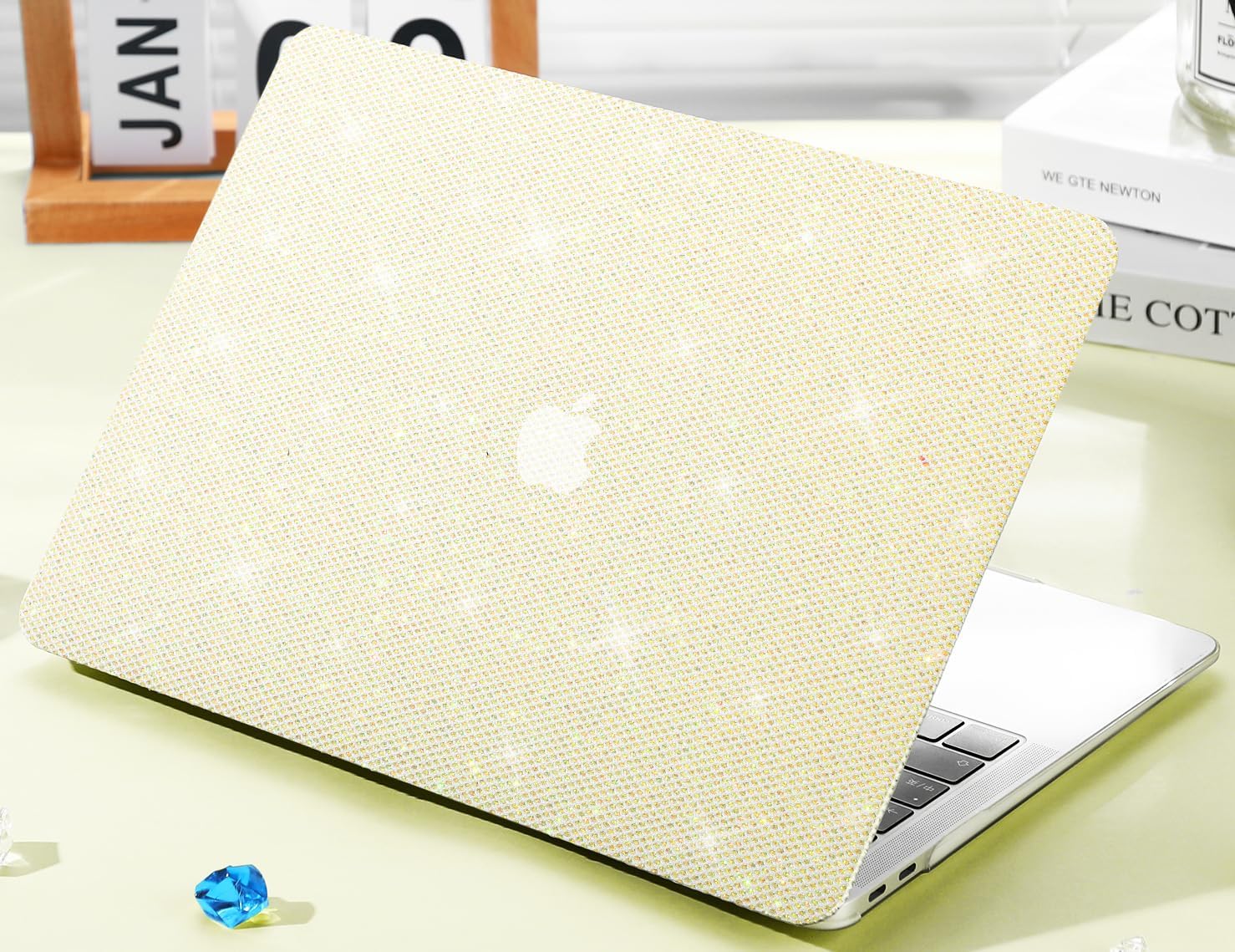 KEROM Bling Glitter Case for MacBook Pro 13 inch 2024-2016 M2 M1 A2338 A2289 A2251 A2159 A1989 A1706 A1708, Luxury Bedazzled Shiny Sparkle Glitter PU Leather Hard Shell Case & Keyboard Cover, Yellow