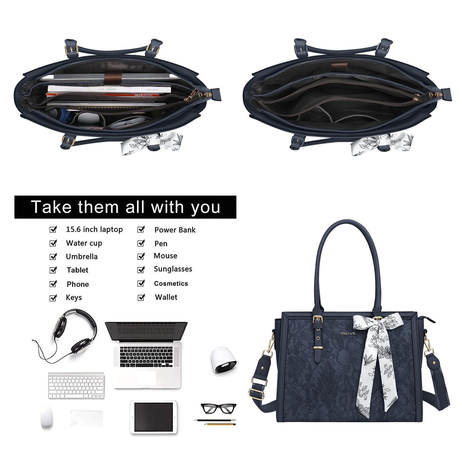 MOSISO Sac Ordinateur Femme 17-17,3 Pouces,Sac Fourre-tout en Cuir PU Compatible avec MacBook,HP,Dell,Asus,Sac PC Portable Rétro Hibiscus Gaufré avec Écharpe Soie&Pochette,Brume Bleu