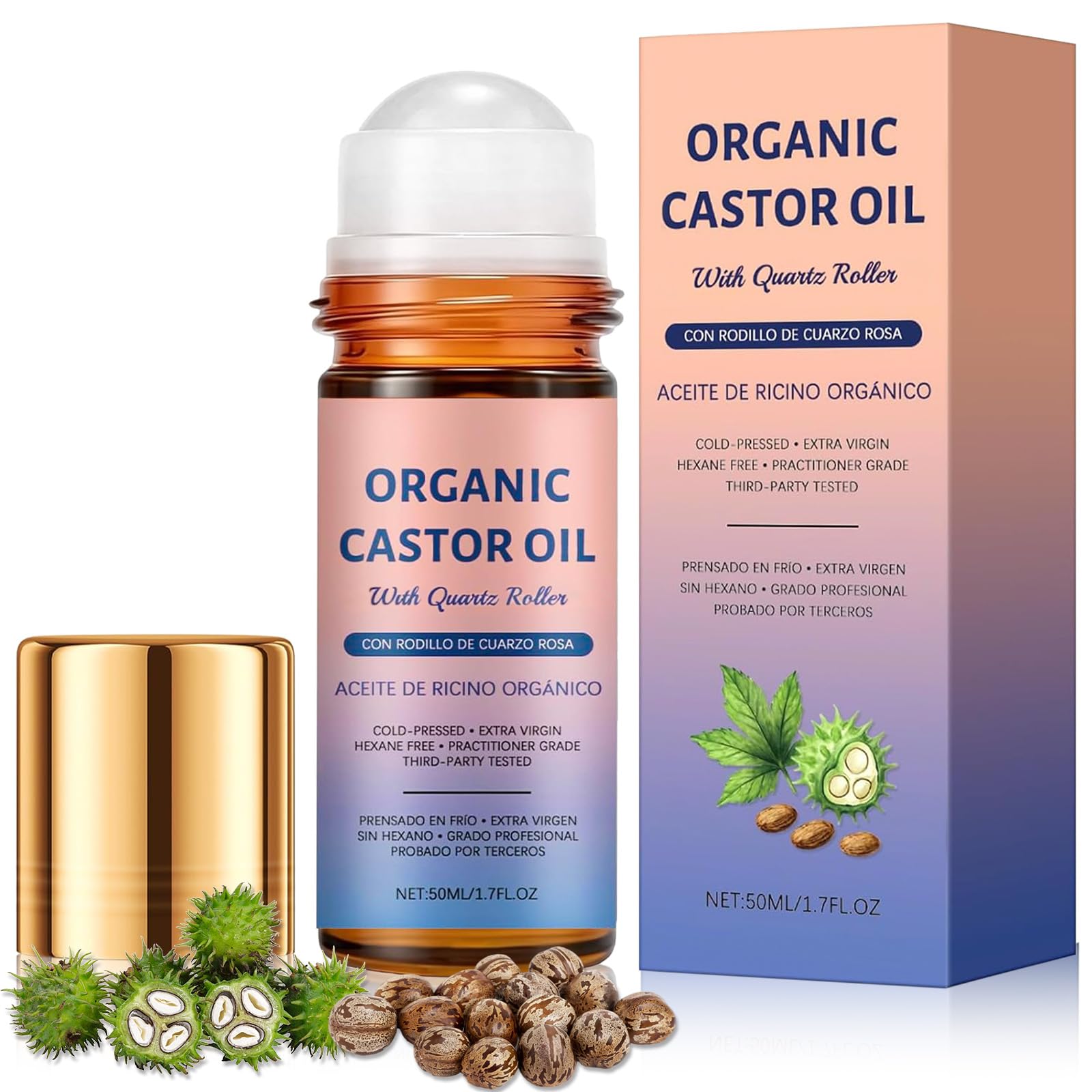 Organic Castor Oil Roll On with Quartz Roller 100% Castor Oil Organic Cold Pressed Hexane-Free for Face and Body Hair Eyebrows Moisturize Skin