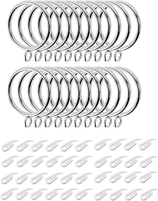 Topways® Curtain Rings,20pcs 38mm Internal Diameter Metal Curtain Rings with Fixed Eyes For Drapery Pole Rod & 40pcs Plastic Curtain Drapery Hooks (Metal Silver)