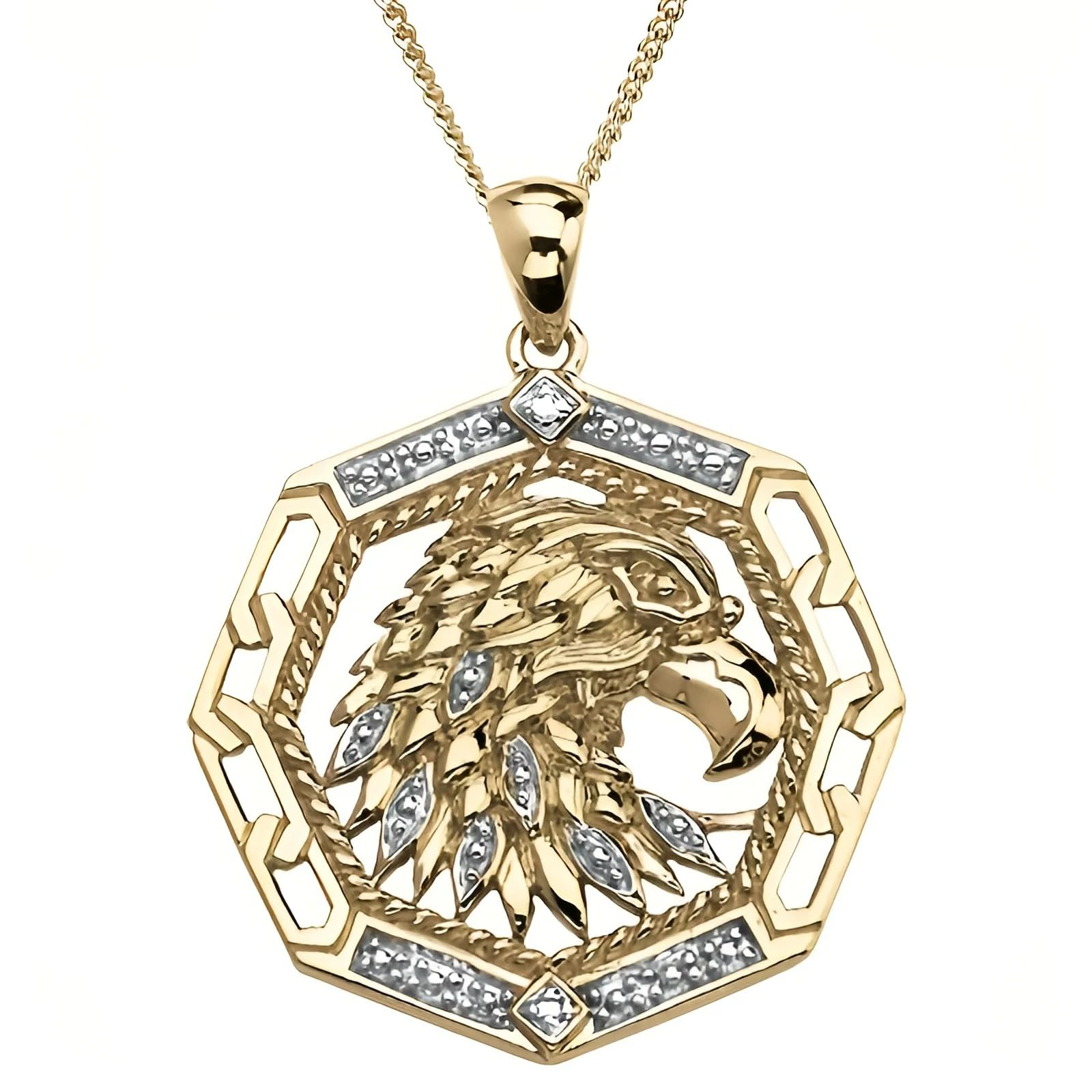 14K Yellow Gold Octagon Eagle Necklace Eagles Pendant Necklace Eagles Head Symbol with Chain Necklace Animal Pendant Eagle Pendant Eagles Chain for