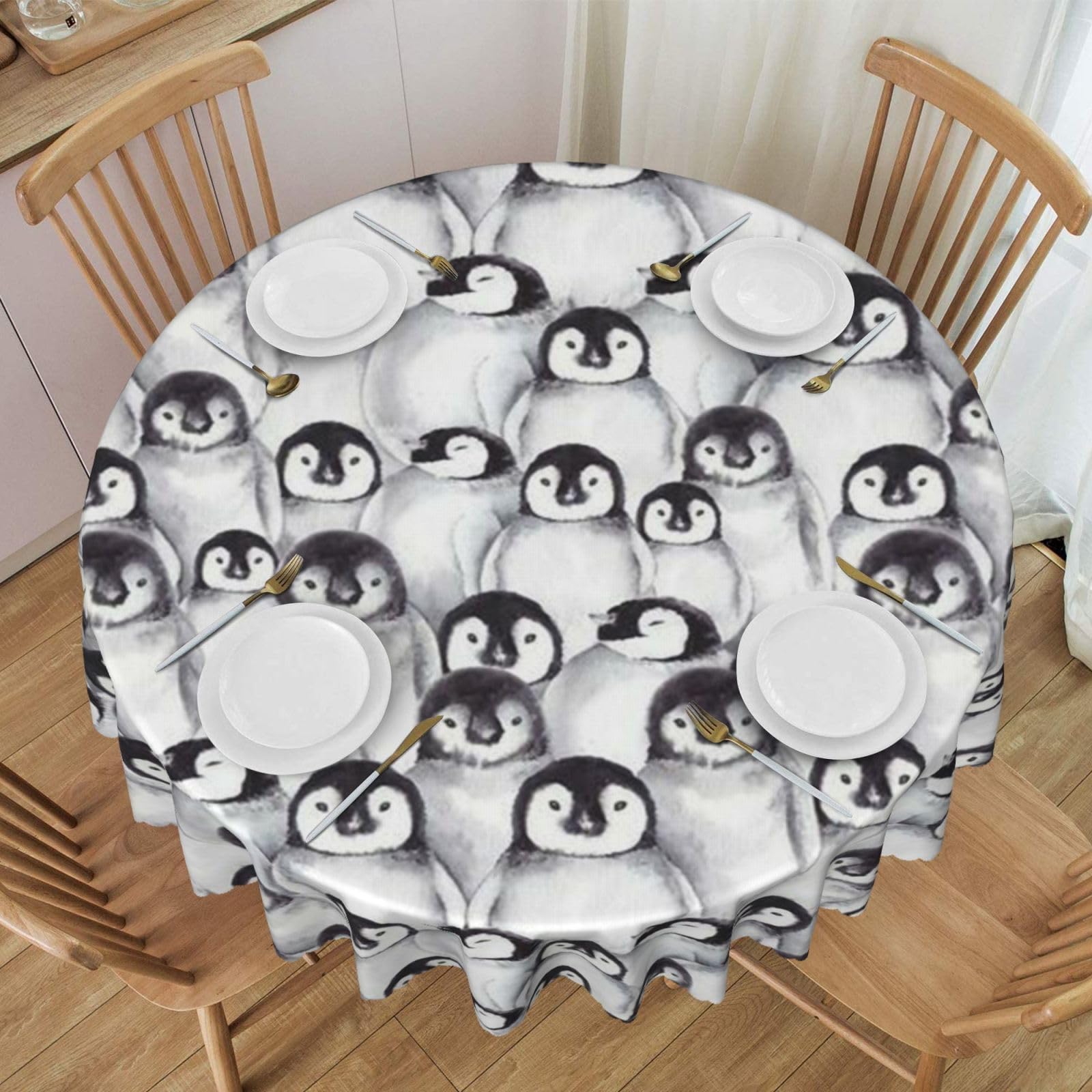 DCEHGEW 60 In Round Tablecloth with Lace, Cute Baby Penguins Sketch Printed Oilproof & Washable Fabric Picnic Table Cloth Table Covers